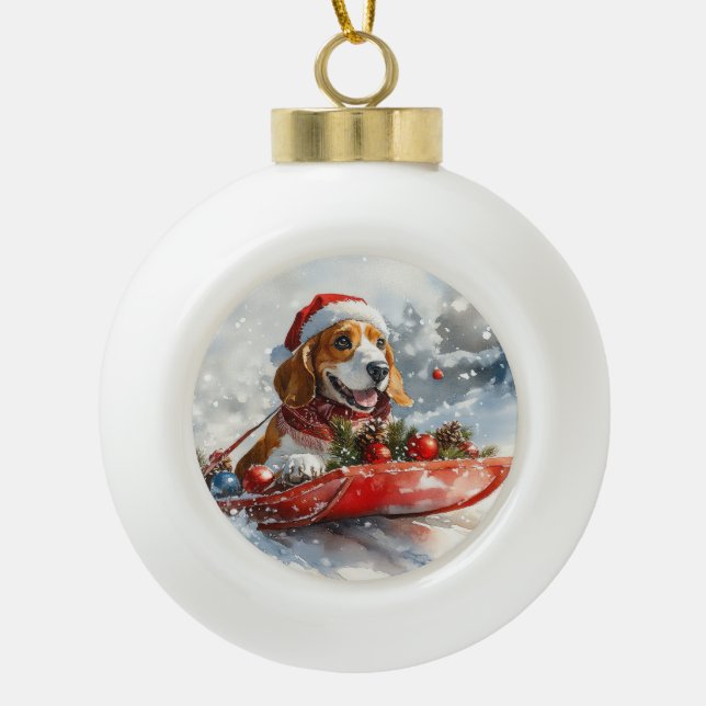 Boule En Céramique Basset Hound Dog in Sledge Let it Neige Noël (Devant)