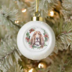 Boule En Céramique Basset Hound Festive Wreath de Noël Pup