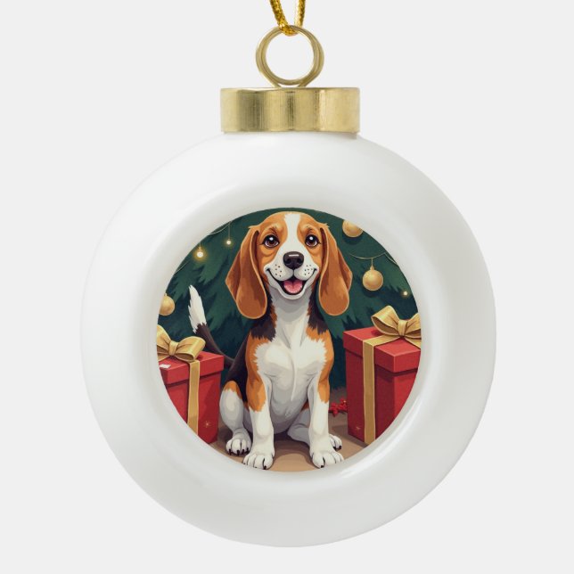 Boule En Céramique Beagle Christmas Morning Gift-Unboxing Painting (Devant)