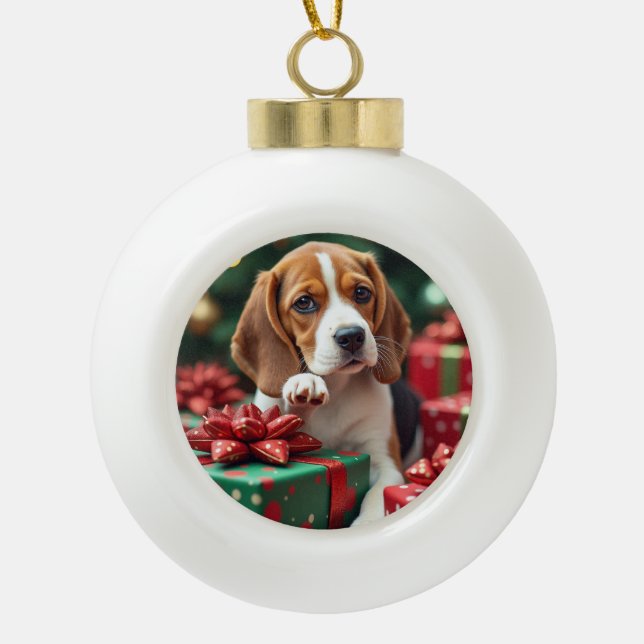Boule En Céramique Beagle Wrapping Gifts Christmas Painting (Devant)