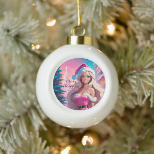 Boule En Céramique Belle fille de Noël rose 01