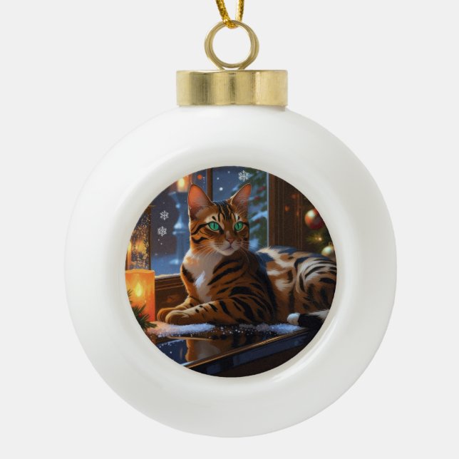 Boule En Céramique Bengal Cat With Christmas Lights Holiday (Devant)