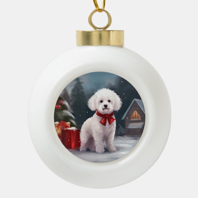Boule En Céramique Bichon Frise Dog à Noël de neige (Devant)