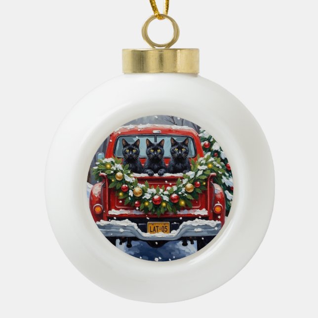 Boule En Céramique Black Cat Christmas Red Truck Holiday (Devant)
