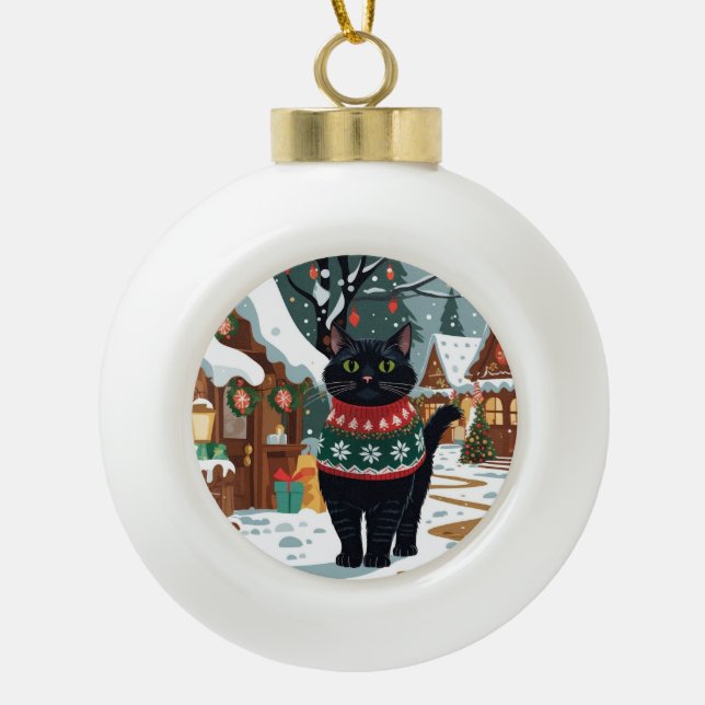 Boule En Céramique Black Cat Christmas Snow Holiday (Devant)