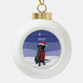 Boule En Céramique Black Labrador Retriever Santa Hat & Scarf