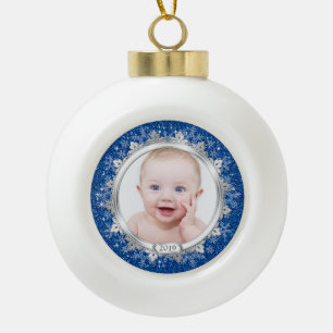 Boule En Céramique Bleu Silver Baby's First Christmas (Noël) Photo