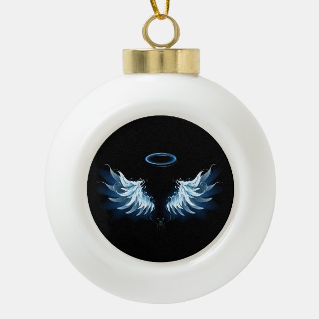 Boule En Céramique Blue Glowing Angel Wings on black background (Devant)