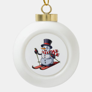 Boule En Céramique Bonhomme de neige sur des skis dans un chapeau hau