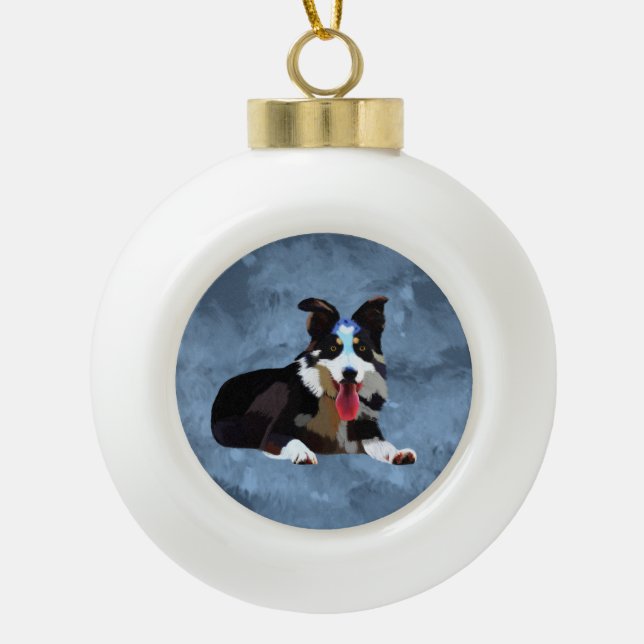 Boule En Céramique Bordure Collie Chien Aquarelle Portrait (Devant)