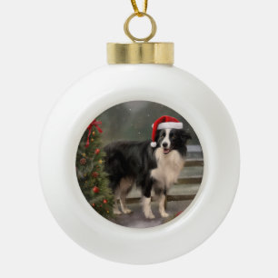 Boule En Céramique Bordure Collie Chien dans neige Noël
