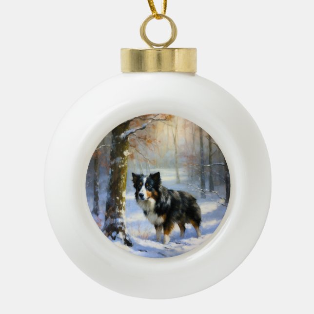 Boule En Céramique Bordure Collie Laisser neiger Noël (Devant)