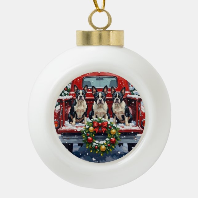 Boule En Céramique Boston Terrier Christmas Red Truck Holiday (Devant)
