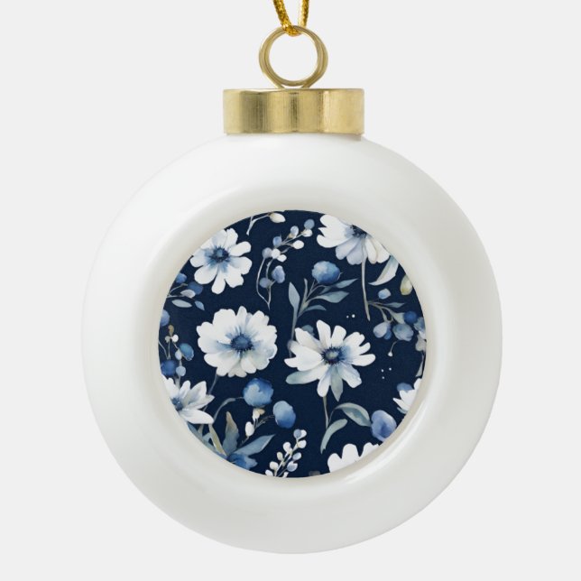 Boule En Céramique Bouquet de fleurs Elégante aquarelle Bleu (Devant)