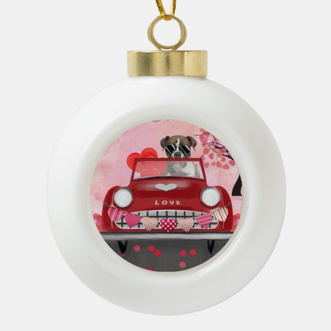 Boule En Céramique Boxer Chien voiture avec les coeurs Valentine's (Devant)