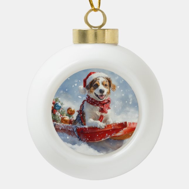 Boule En Céramique Brittany Spaniel Dog à Sledge Noël (Devant)