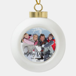 Boule En Céramique Brosse Script Famille Photo Joyeux Noël