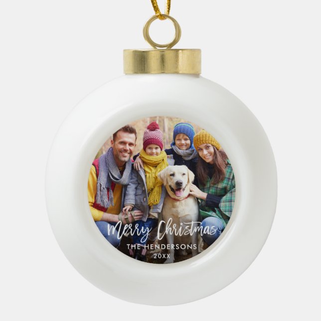 Boule En Céramique Brosse Script Star Famille Photo Joyeux Noël (Devant)