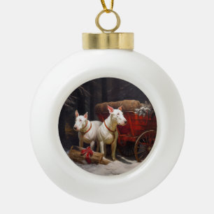 Boule En Céramique Bull Terrier enneigé Traîneau Décor de Noël