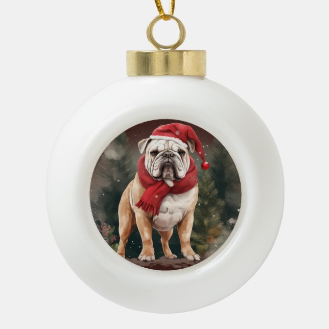 Boule En Céramique Bulldog à Noël de neige (Devant)