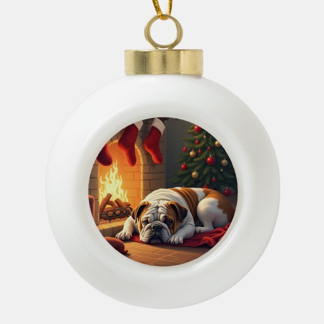 Boule En Céramique Bulldog by the Fireplace Christmas Painting (Devant)