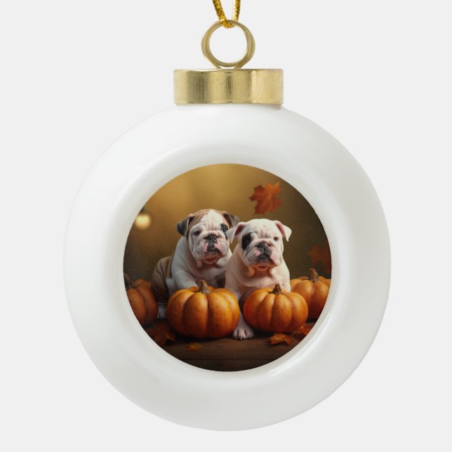 Boule En Céramique Bulldog Chiot Automne Citrouille de plaisir (Devant)