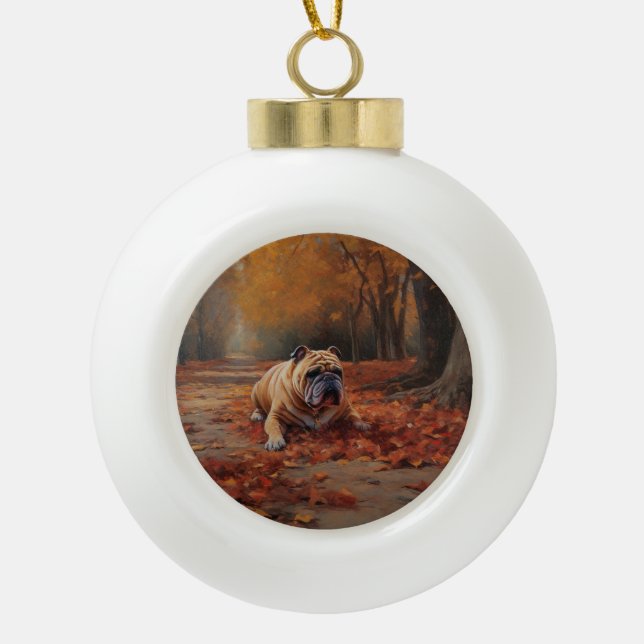 Boule En Céramique Bulldog en automne Feuilles automne Inspire (Devant)