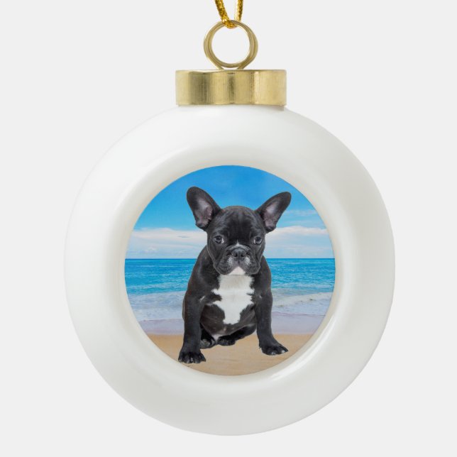 Boule En Céramique Bulldog Français Assis Sur La Plage (Devant)