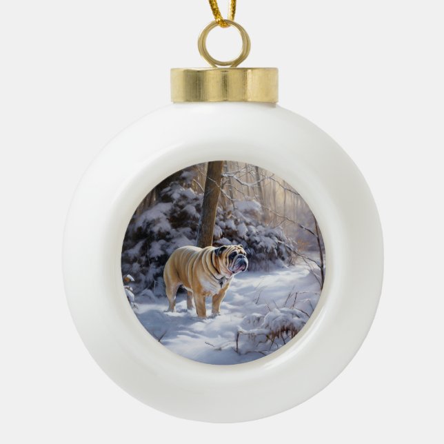 Boule En Céramique Bulldog Qu'Il Neige Noël Brossé (Devant)