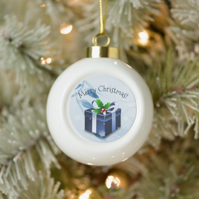 Boule En Céramique Cadeau de Noël bleu encadré (Arbre)