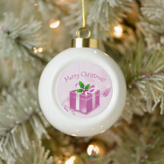 Boule En Céramique Cadeau de Noël rose encadré (Arbre)