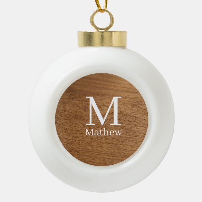 Boule En Céramique cadre en bois marron motif monogramme nom rustique (Devant)