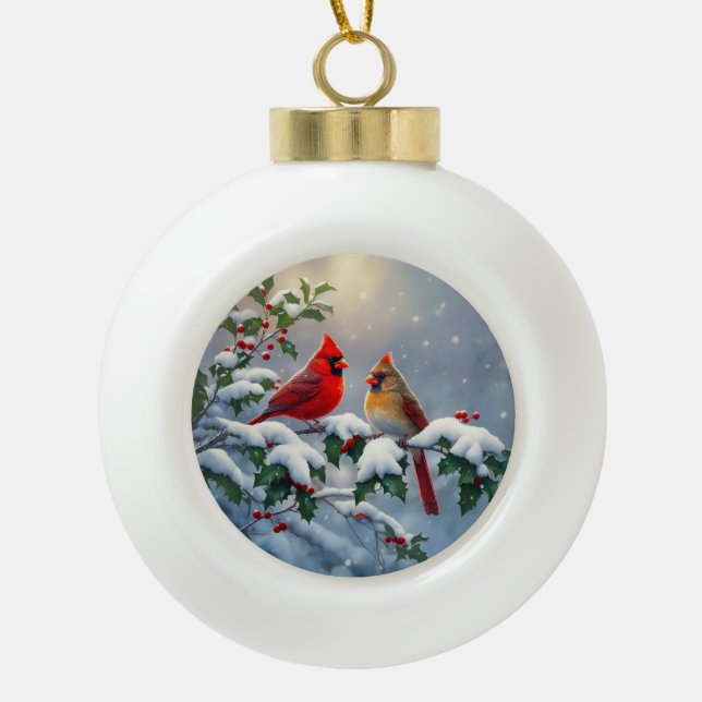 Boule En Céramique Cardinaux rouges et Holly en neige (Devant)