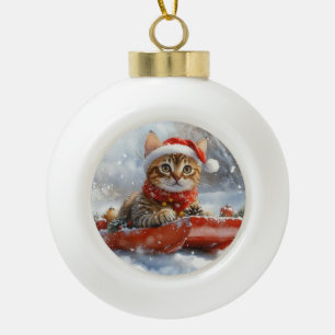 Boule En Céramique Chat Bengal dans un Traîneau Laissez Neiger Noël