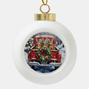 Boule En Céramique Chat Bengal Noël Camion Rouge Fêtes