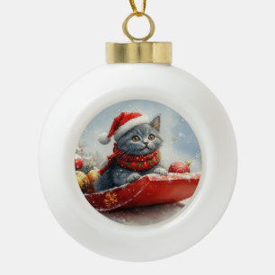 Boule En Céramique Chat Bleu Russe en Luge Laissez Tomber la Neige No