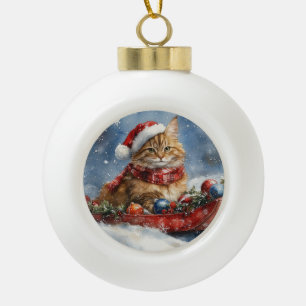 Boule En Céramique Chat de Maine Coon en sledge Laisser neiger Noël