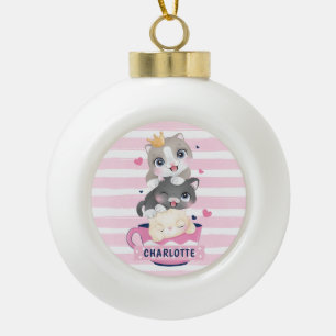 Boule En Céramique Chats de dessin animé mignons empilés rayures rose
