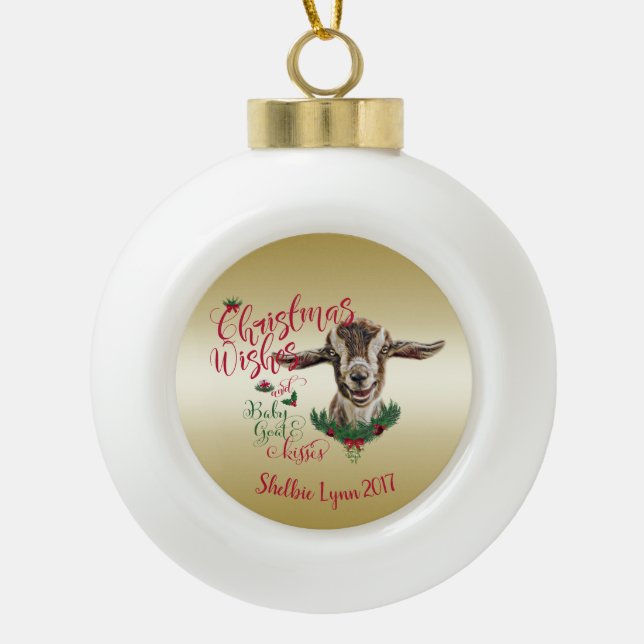 Boule En Céramique CHÈQUE | Souhaits de Noël Bébé Chèvre Baisers Basc (Devant)