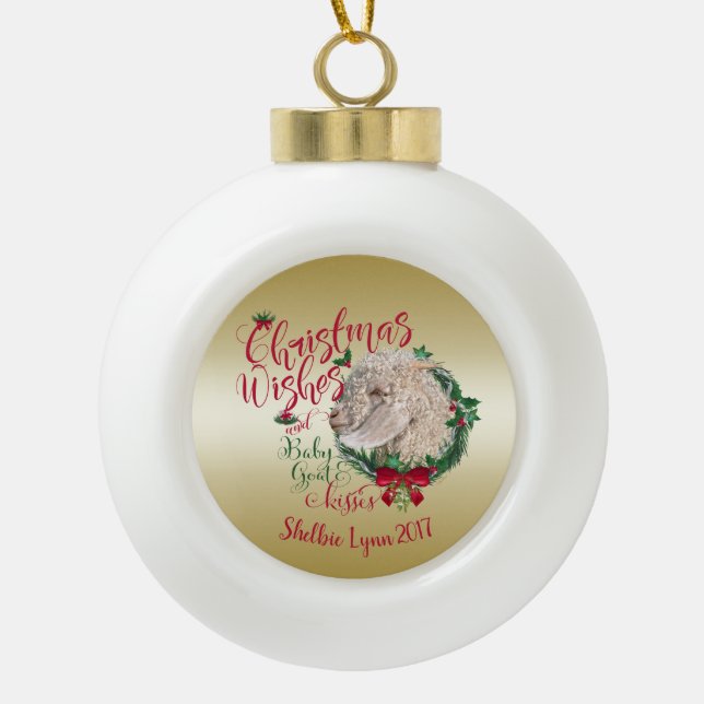 Boule En Céramique CHÈQUE | Voeux de Noël Bébé Chèvre Baisers Angora (Devant)