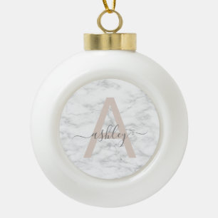 Boule En Céramique Chic Blush Pink White Marble Script Nom monogram