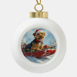 Boule En Céramique Chien Airedale dans Luge Laissez Tomber la Neige N