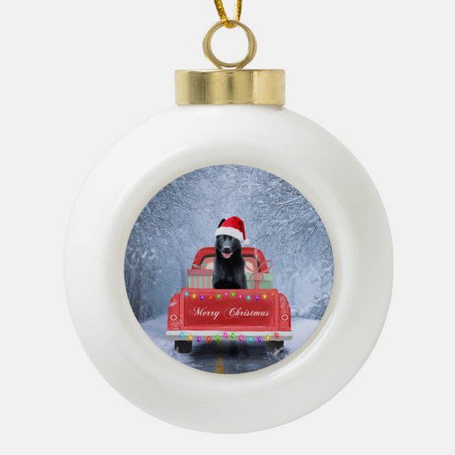 Boule En Céramique Chien berger allemand en neige assis à Noël (Devant)