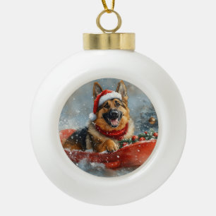 Boule En Céramique Chien berger allemand en neige dorée Noël