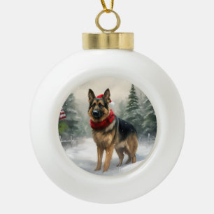 Boule En Céramique Chien berger allemand en Noël de neige