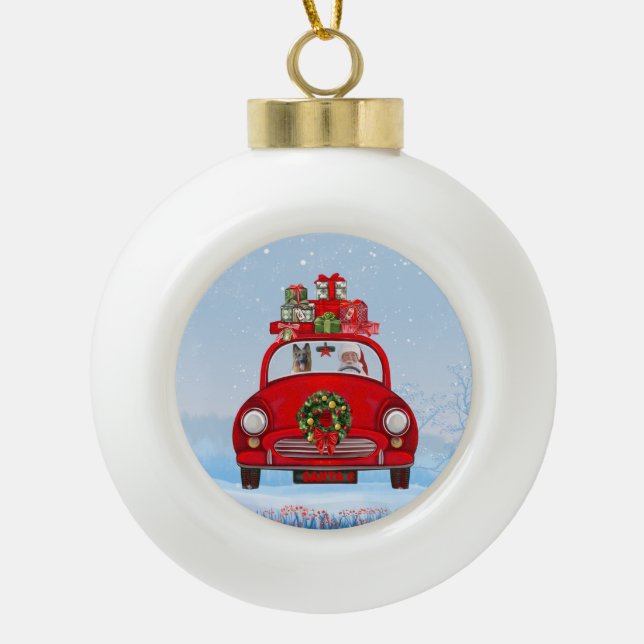 Boule En Céramique Chien berger allemand en voiture avec le Père Noël (Devant)