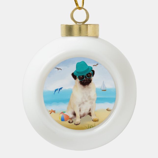 Boule En Céramique Chien carlin sur la plage (Devant)