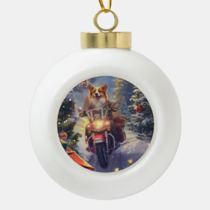 Boule En Céramique Chien Corgi à Vélo à Noël