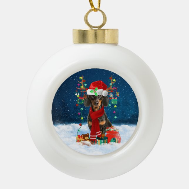 Boule En Céramique Chien Dachshund avec cadeaux de Noël (Devant)