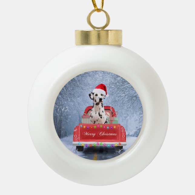 Boule En Céramique Chien dalmate en neige assis à Noël (Devant)